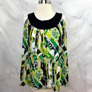 Vintage y2k Retro Green Floral Top Blouse Size XL Stretch Pleats Sleeveless 00s